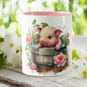 Cute Pig in a Bucket Pink Flowers Personalized Two-Tone Coffee Mug