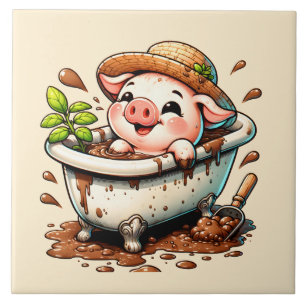 Cute pig in a mud bath bathroom tile