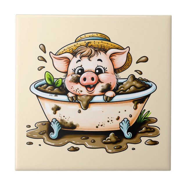 Cute pig in a mud bath bathroom  tile (Front)