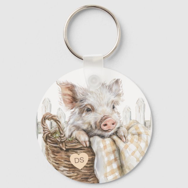 Cute Pig In Basket Monogram Personalised Key Ring (Front)
