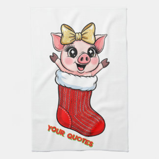 Cute Pig in Christmas Stocking Tea Towel