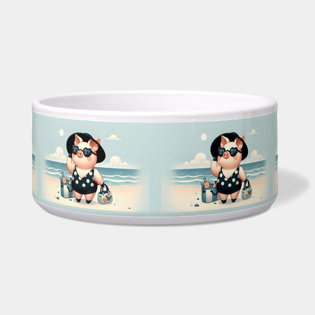 Cute Pig in Polka Dot Swimsuit at the Beach (Front)