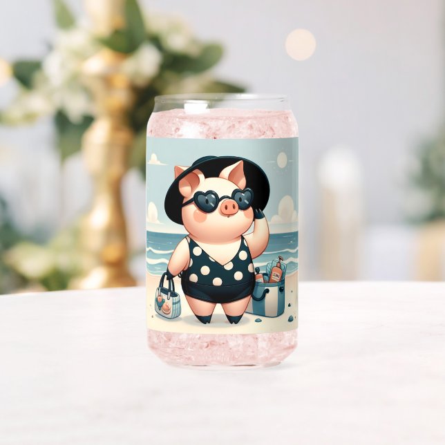 Cute Pig in Polka Dot Swimsuit at the Beach Can Glass (Insitu (Wedding))