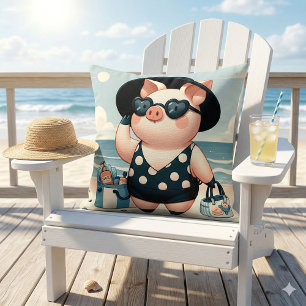 Cute Pig in Polka Dot Swimsuit at the Beach Cushion