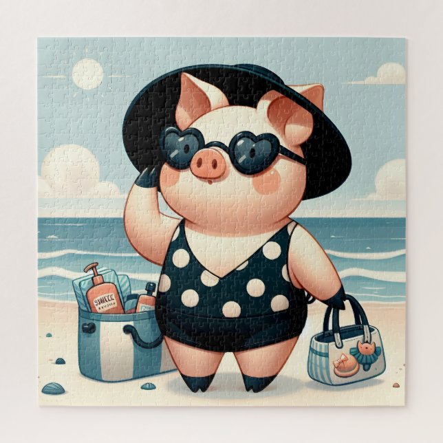 Cute Pig in Polka Dot Swimsuit at the Beach Jigsaw Puzzle (Vertical)