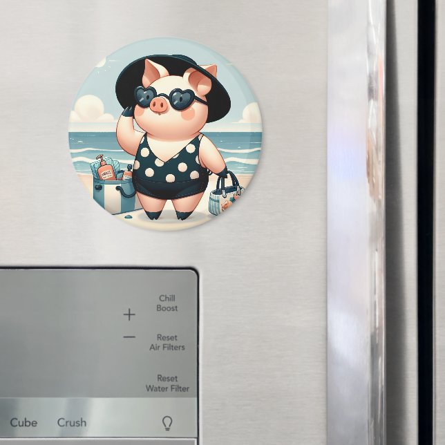 Cute Pig in Polka Dot Swimsuit at the Beach Magnet (In Situ (Fridge))