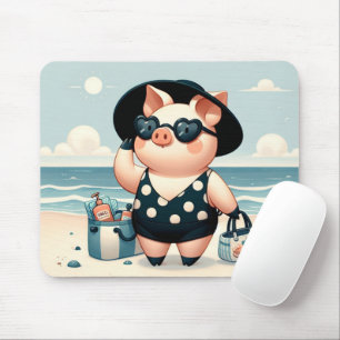 Cute Pig in Polka Dot Swimsuit at the Beach Mouse Mat