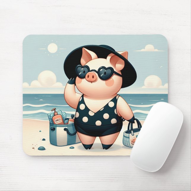 Cute Pig in Polka Dot Swimsuit at the Beach Mouse Mat (With Mouse)