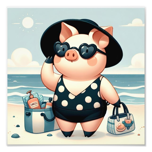 Cute Pig in Polka Dot Swimsuit at the Beach Photo Print (Front)