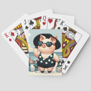 Cute Pig in Polka Dot Swimsuit at the Beach Playing Cards