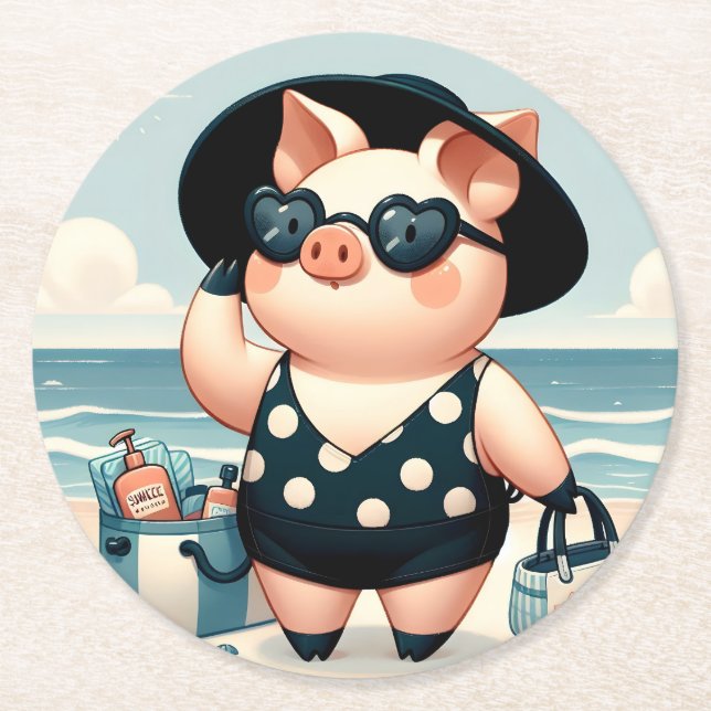 Cute Pig in Polka Dot Swimsuit at the Beach Round Paper Coaster (Front)