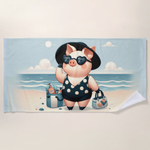 Cute Pig in Polka Dot Swimsuit at the Beach Towel