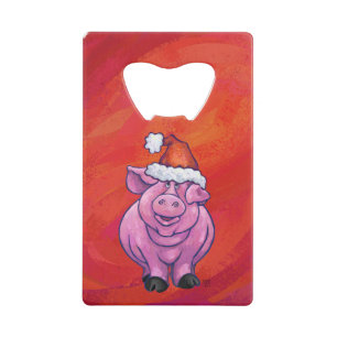 Cute Pig in Santa Hat on Red