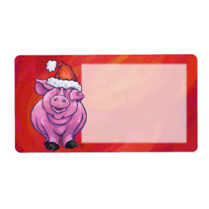 Cute Pig in Santa Hat on Red