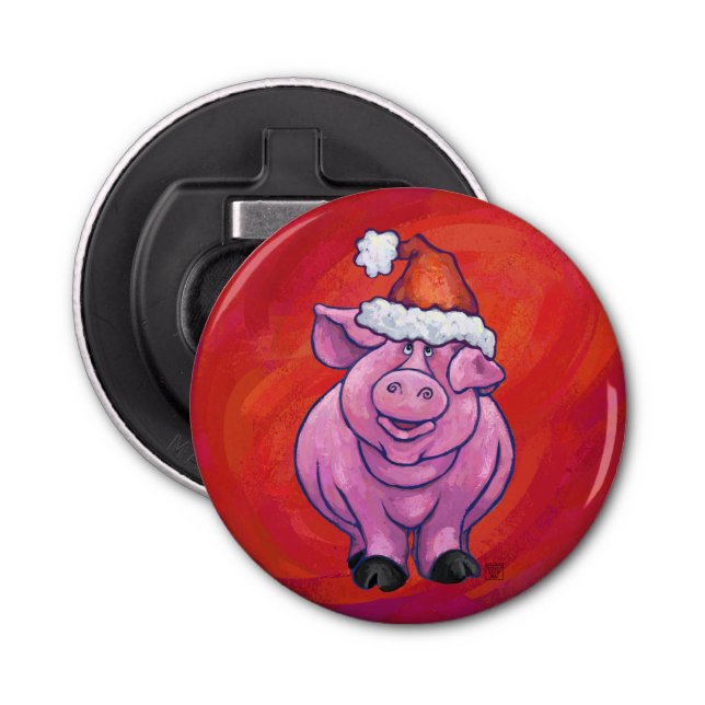 Cute Pig in Santa Hat on Red Bottle Opener (Front)
