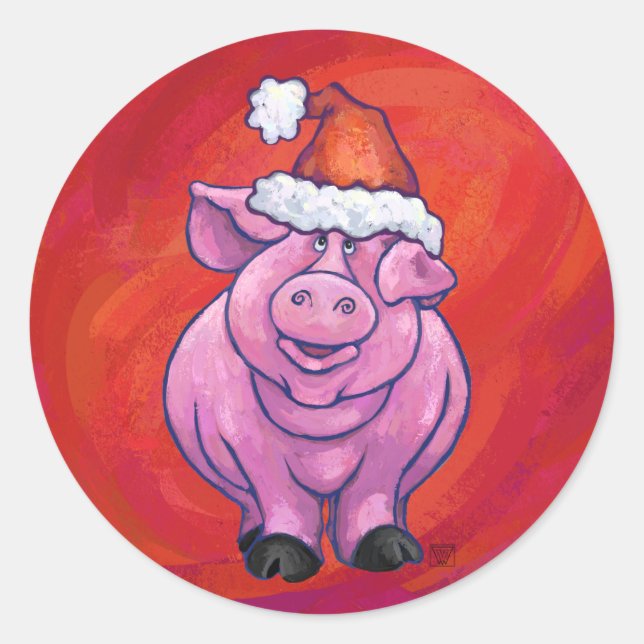 Cute Pig in Santa Hat on Red Classic Round Sticker (Front)