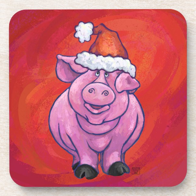 Cute Pig in Santa Hat on Red Coaster (Front)