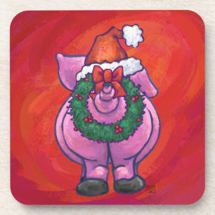 Cute Pig in Santa Hat on Red Coaster