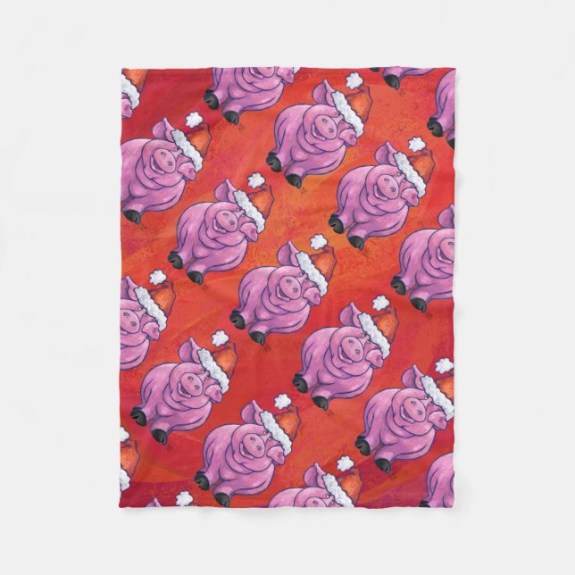 Cute Pig in Santa Hat on Red Fleece Blanket (Front)