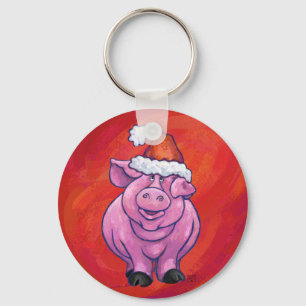 Cute Pig in Santa Hat on Red Key Ring