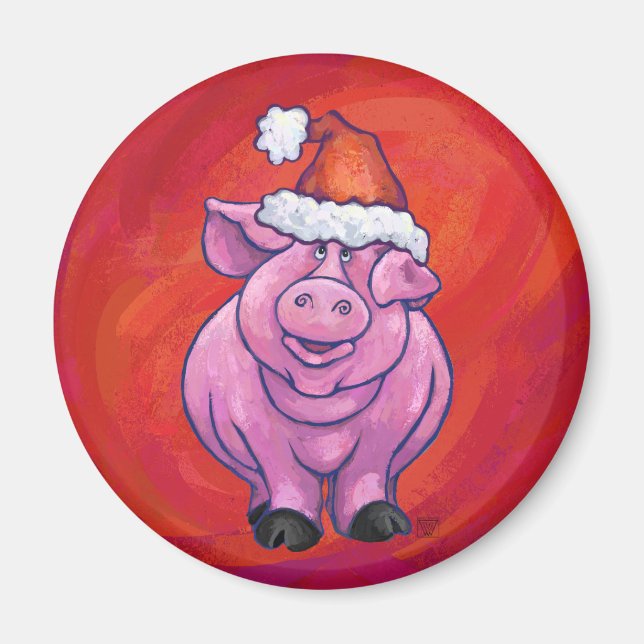 Cute Pig in Santa Hat on Red Magnet (Front)