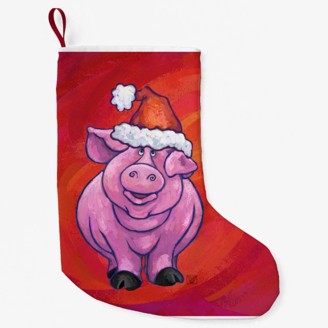 Cute Pig in Santa Hat on Red Small Christmas Stocking (Front)