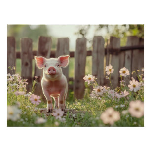 Cute Pig in the Flower Garden Poster