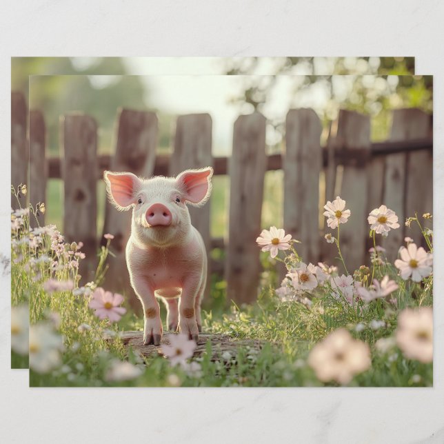 Cute Pig in the Flower Garden Scrapbook Paper (Front/Back)
