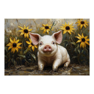 Cute Pig in the Mud Poster