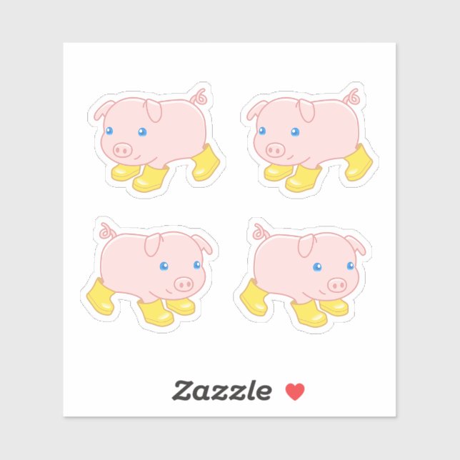 Cute Pig in Yellow Rubber Boots, Set of 4  (Sheet)
