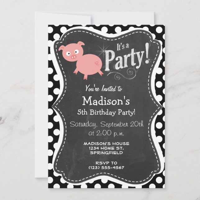 Cute Pig on Black and White Polka Dots Invitation (Front)