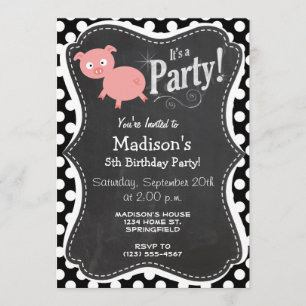 Cute Pig on Black and White Polka Dots Invitation