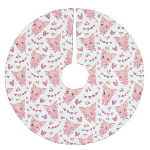 Cute Pig Pattern With Hearts Brushed Polyester Tree Skirt