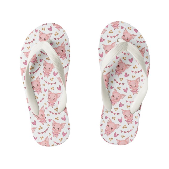 Cute Pig Pattern With Hearts Kid's Flip Flops (Footbed)