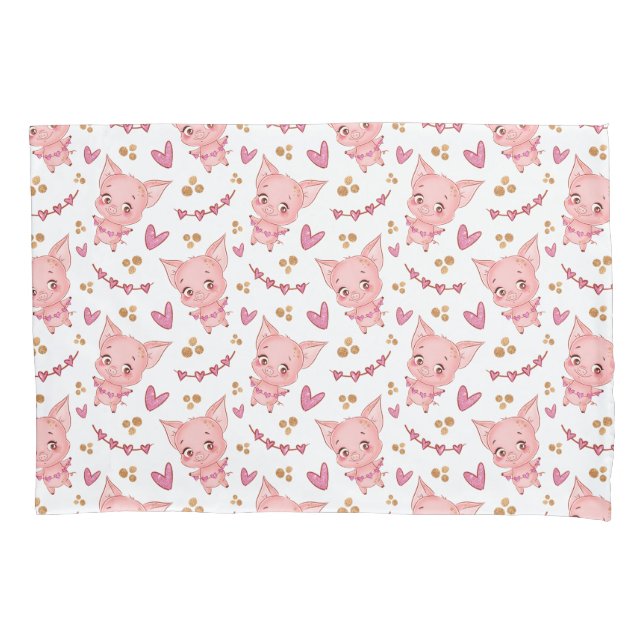 Cute Pig Pattern With Hearts Pillowcase (Front)