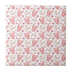 Cute Pig Pattern With Hearts  Tile