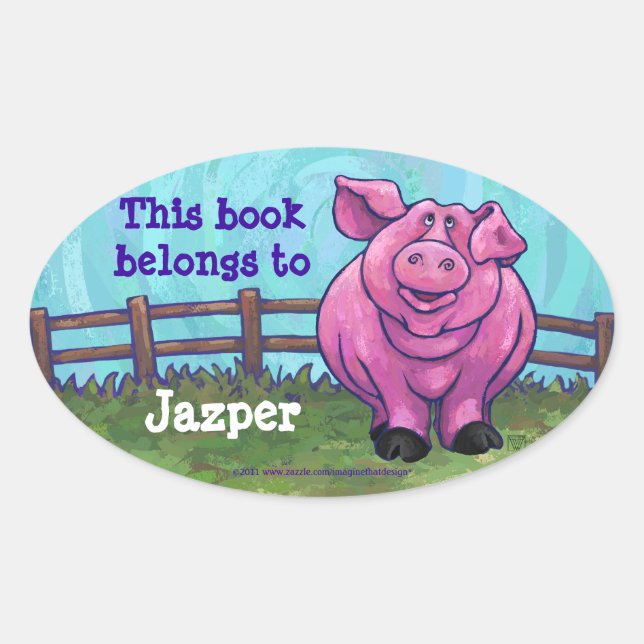 Cute Pig Personalised Book Plate Oval Sticker (Front)