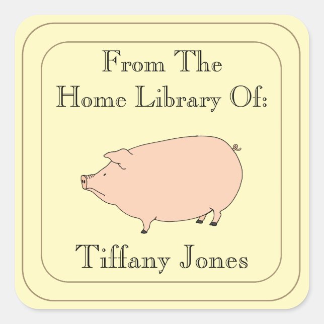 Cute Pig Personalised Bookplate Square Sticker (Front)