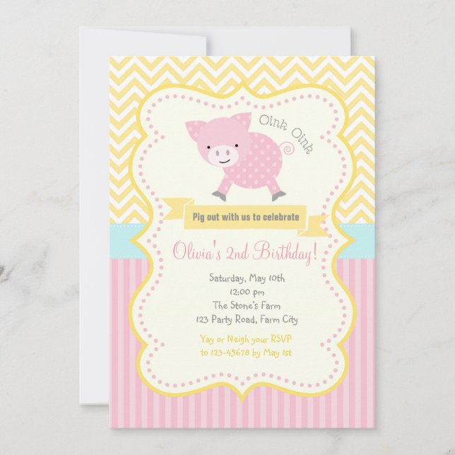 Cute Pig / Piggy Pastel Birthday Invitation (Front)