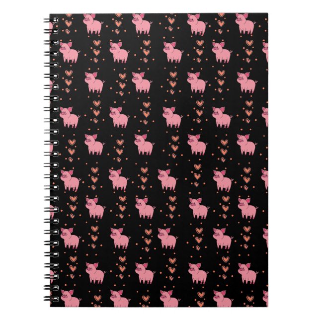 Cute Pig Piggy with Pink Heart Pattern Black Style Notebook (Front)