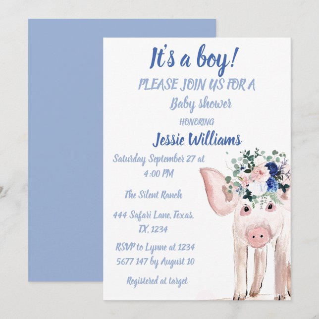 Cute Pig Piglet Farm Animals Blue Baby Boy Invitation (Front/Back)