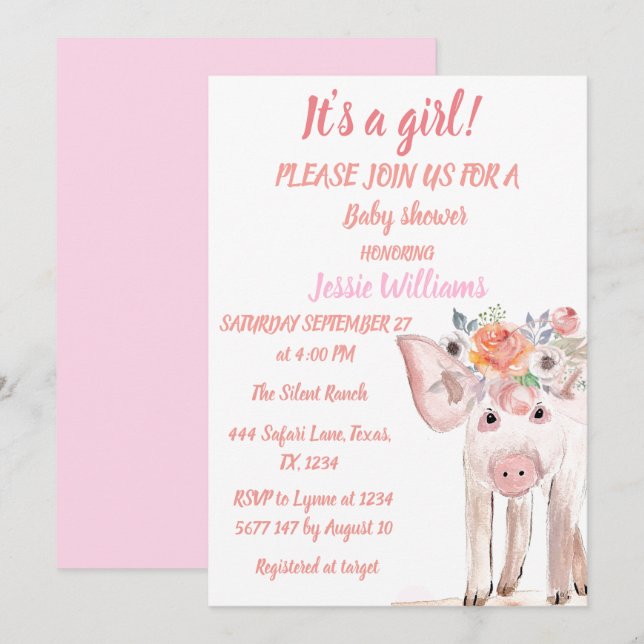 Cute Pig Piglet Farm Animals Pink Baby Girl  Invitation (Front/Back)