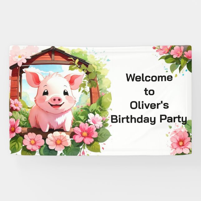 Cute Pig Pink Barnyard Birthday Banner (Horizontal)