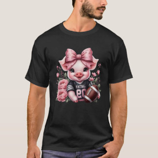 Cute Pig Pink Coquette Bow Flower Football Player  T-Shirt