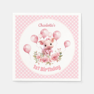 Cute Pig Pink Farm Girl 1st Birthday Party Napkins