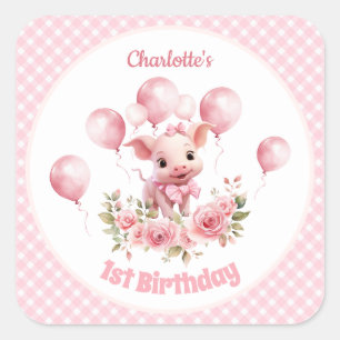 Cute Pig Pink Farm Girl 1st Birthday Stickers