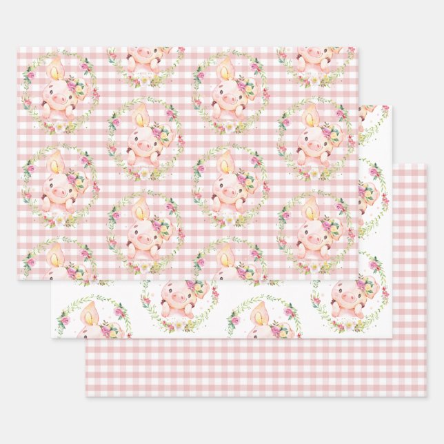 Cute Pig Pink Floral Baby Shower Birthday Gingham Wrapping Paper Sheet (Set)