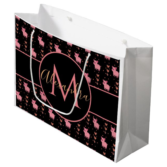 Cute Pig Pink Heart Funny Animal Monogram & Name   Large Gift Bag (Front Angled)
