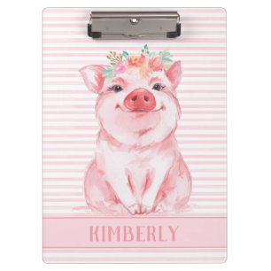 Cute Pig Pink Stripes Personalized Clipboard