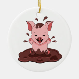 Cute Pig Playing In Mud Ceramic Tree Decoration